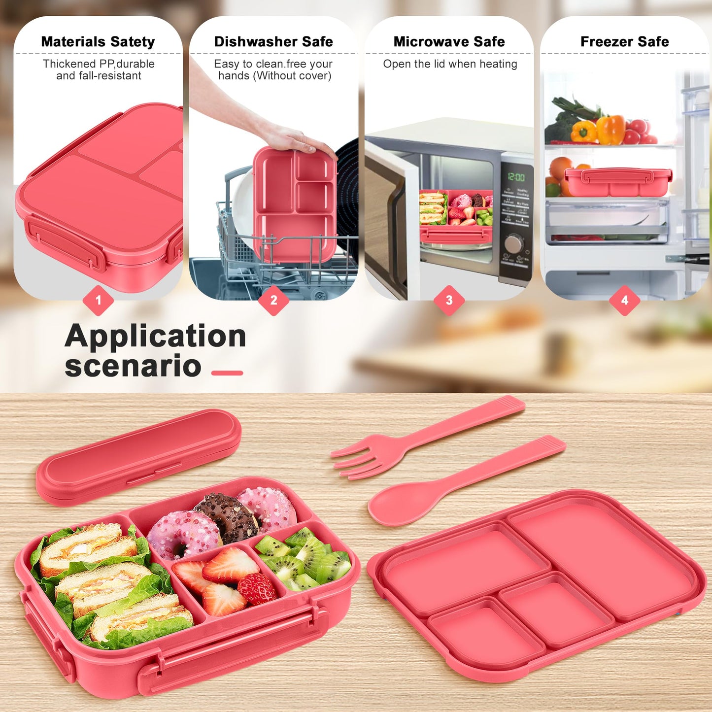 Amathley Lunch Box Kids,Bento Box Adult Lunch Box,Leakproof Lunch Containers for Adults/Kids/Toddler,1200ML-4 Compartments bento Lunch Box with Utensil,Microwave & Dishwasher Safe (Pink Berry)