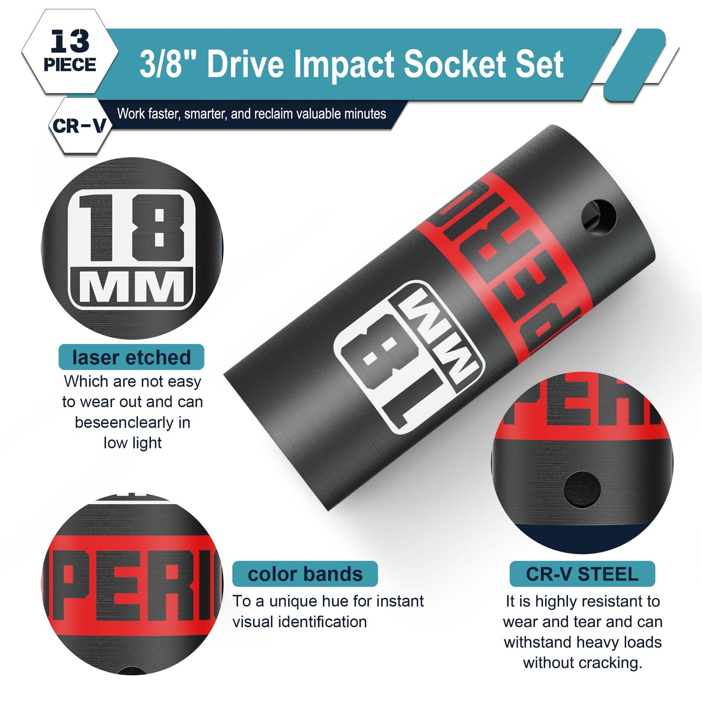 Aiourx 13 Piece 3/8" Drive Impact Socket Set, 7 mm-19 mm Deep Socket, Metric, 6-Point CR-V Steel, Automotive, Machinery, and Equipment Maintenance