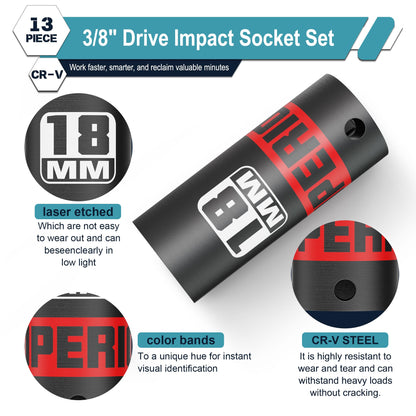 Aiourx 13 Piece 3/8" Drive Impact Socket Set, 7 mm-19 mm Deep Socket, Metric, 6-Point CR-V Steel, Automotive, Machinery, and Equipment Maintenance