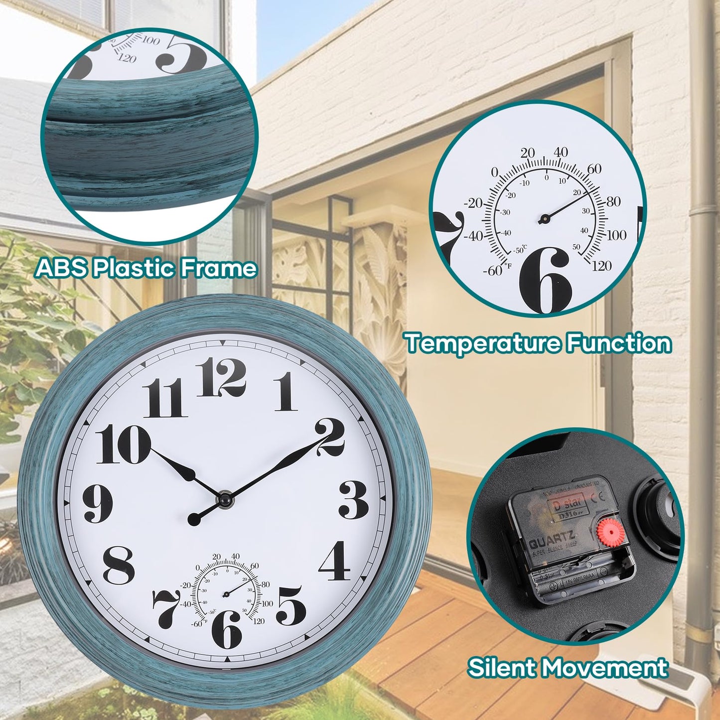 Aurowit Outdoor Wall Clock with Thermometer 12 Inch Waterproof Outdoor Clocks Battery Operated Wall Clock Dark Black Non Ticking for Patio Pool (Green, 12 Inch)