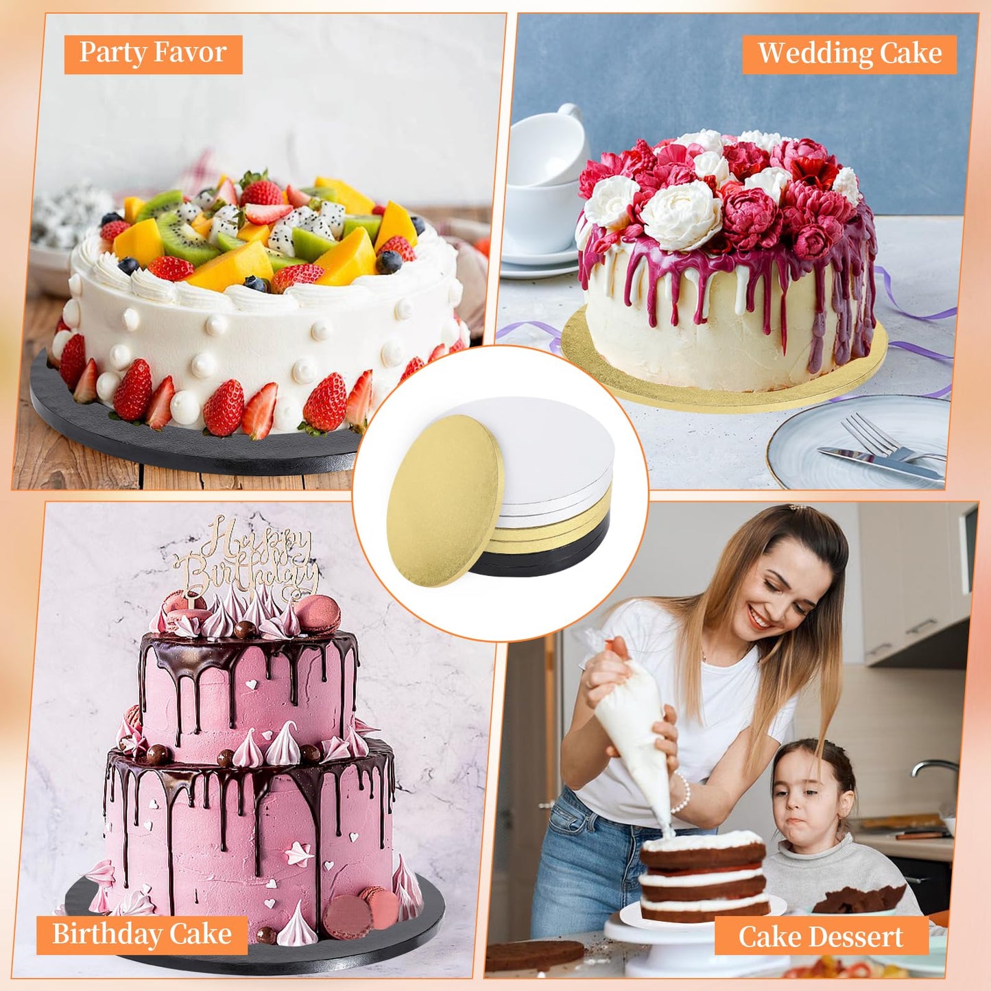 Anscher 6 Packs 12 Inch Cake Drums, Greaseproof Thick Round Cake drums in Gold Black White Cake Base, Cardboard Cake Boards for Presenting Heavy/Tall Tiered Cakes, Base Para Pastel