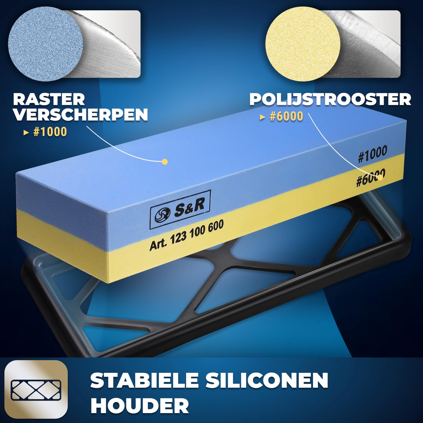 S&R 2-Sided Whetstone Sharpening Stone 18 x 6 x 3 cm with 1000/6000 Grit and Silicone Holder, 100% Corundum