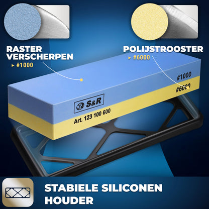 S&R 2-Sided Whetstone Sharpening Stone 18 x 6 x 3 cm with 1000/6000 Grit and Silicone Holder, 100% Corundum