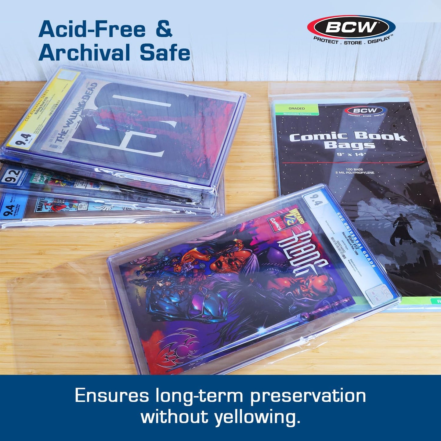 BCW Resealable Graded Comic Book Bags - Pack of 100 | Crystal Clear Polypropylene Sleeves for CGC and CBCS Slabs | Acid-Free, Archival Quality Resealable Comic Book Protectors - 9x14