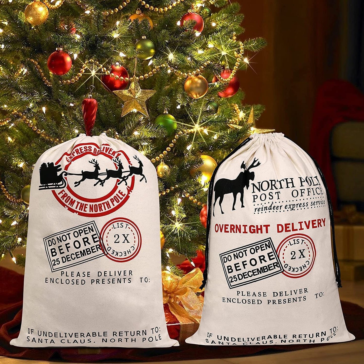 ZEAUBiM Santa Burlap Sack Bags with Drawstring 27.6"x 19.7" for Large Xmas Package Storage, Event Party Supplies, Christmas Party Favors - 2pcs