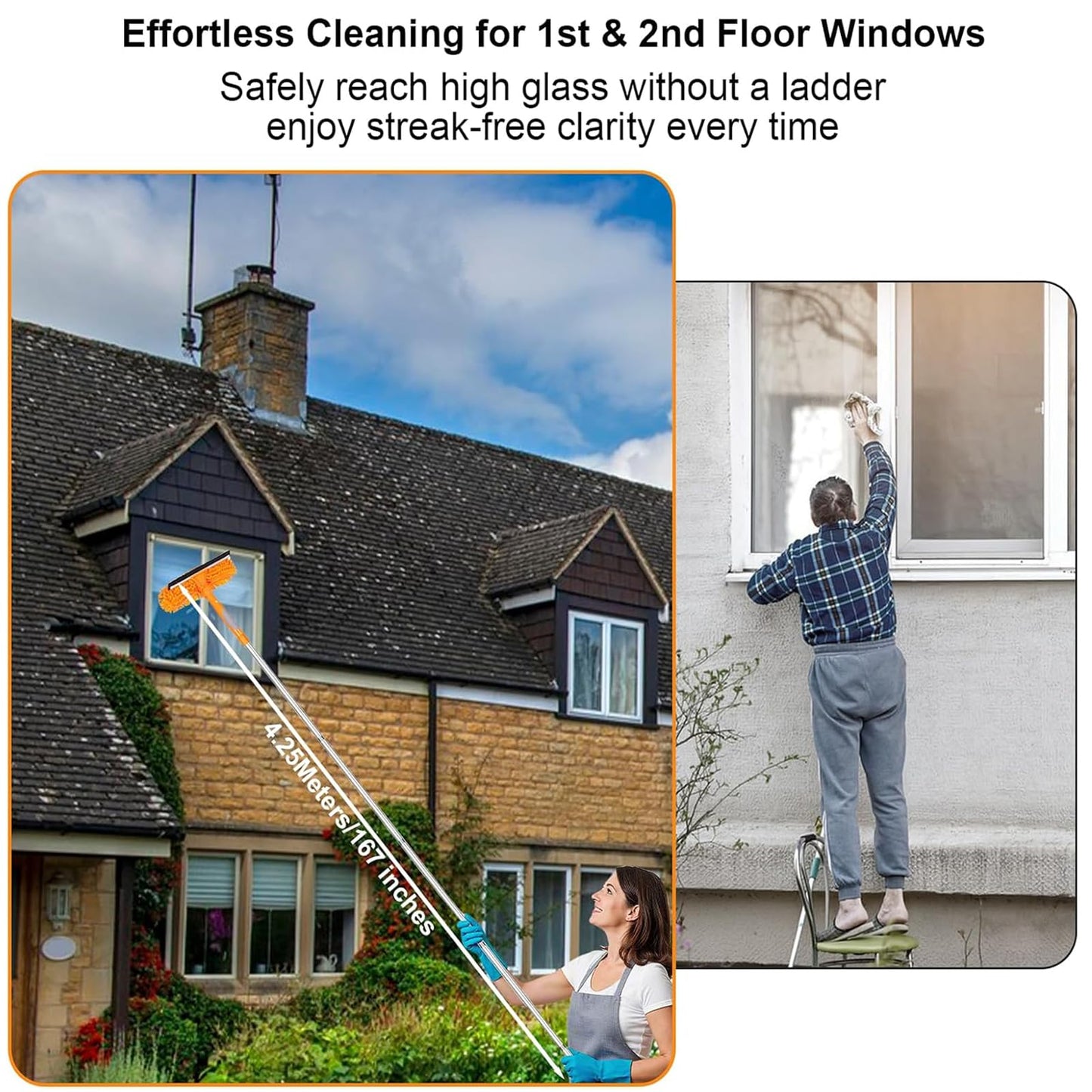 2 in 1 Window Cleaning Tools Squeegee, Double-Sided Professional Cleaner Rotatable Window Kit with Long Handle Pole 20+ Ft, Chenille Microfiber Duster Pads Scrubber for Indoor Outdoor High Glass