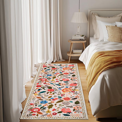 Runner Rugs for Hallway 2x6 Ft, Ultra Thin Non-Slip Long Floral Carpet Washable, Area Rug for Living Room Bedside Entryway Hall Bedroom Stain Resistant Boho Low-Pile Indoor(Beige with Pink)