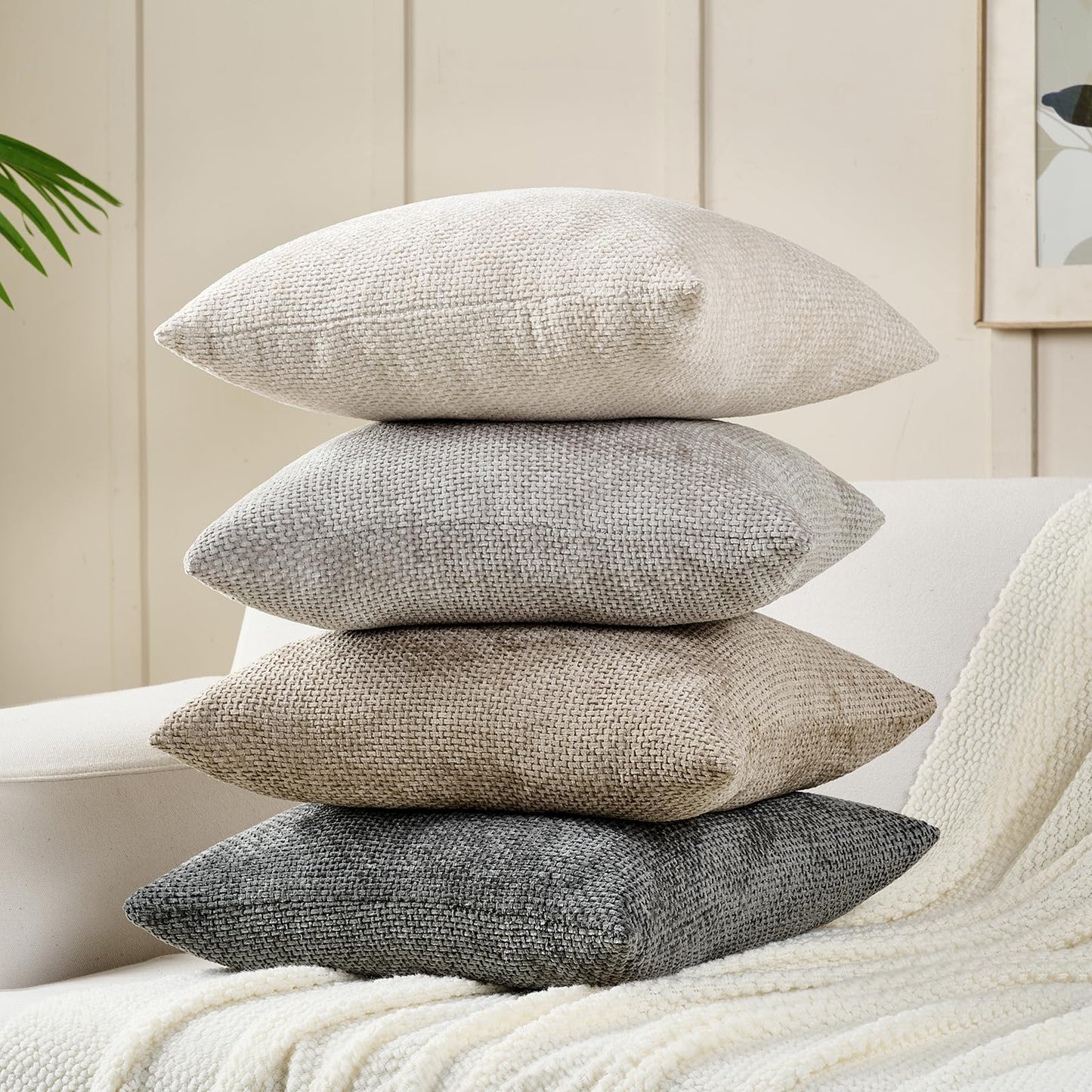 Volcanics Boho Throw Pillow Covers 18x18 Inch Set of 4, Neutral Chenille Decorative Cushion Covers for Couch, Sofa, Bedroom, Living Room, Farmhouse & Mid-Century Modern Home Decor