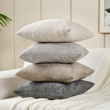 Volcanics Boho Throw Pillow Covers 18x18 Inch Set of 4, Neutral Chenille Decorative Cushion Covers for Couch, Sofa, Bedroom, Living Room, Farmhouse & Mid-Century Modern Home Decor