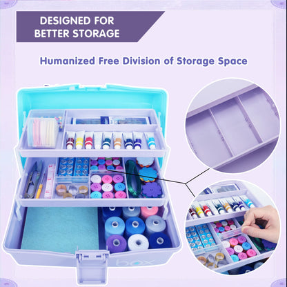 30cm Three-Layer Multipurpose Storage Box Organizer Folding Tool Box/Art & Crafts Case/Sewing Supplies Organizer/Medicine Box/Family First Aid Box with 2 Trays (Purple Blue)