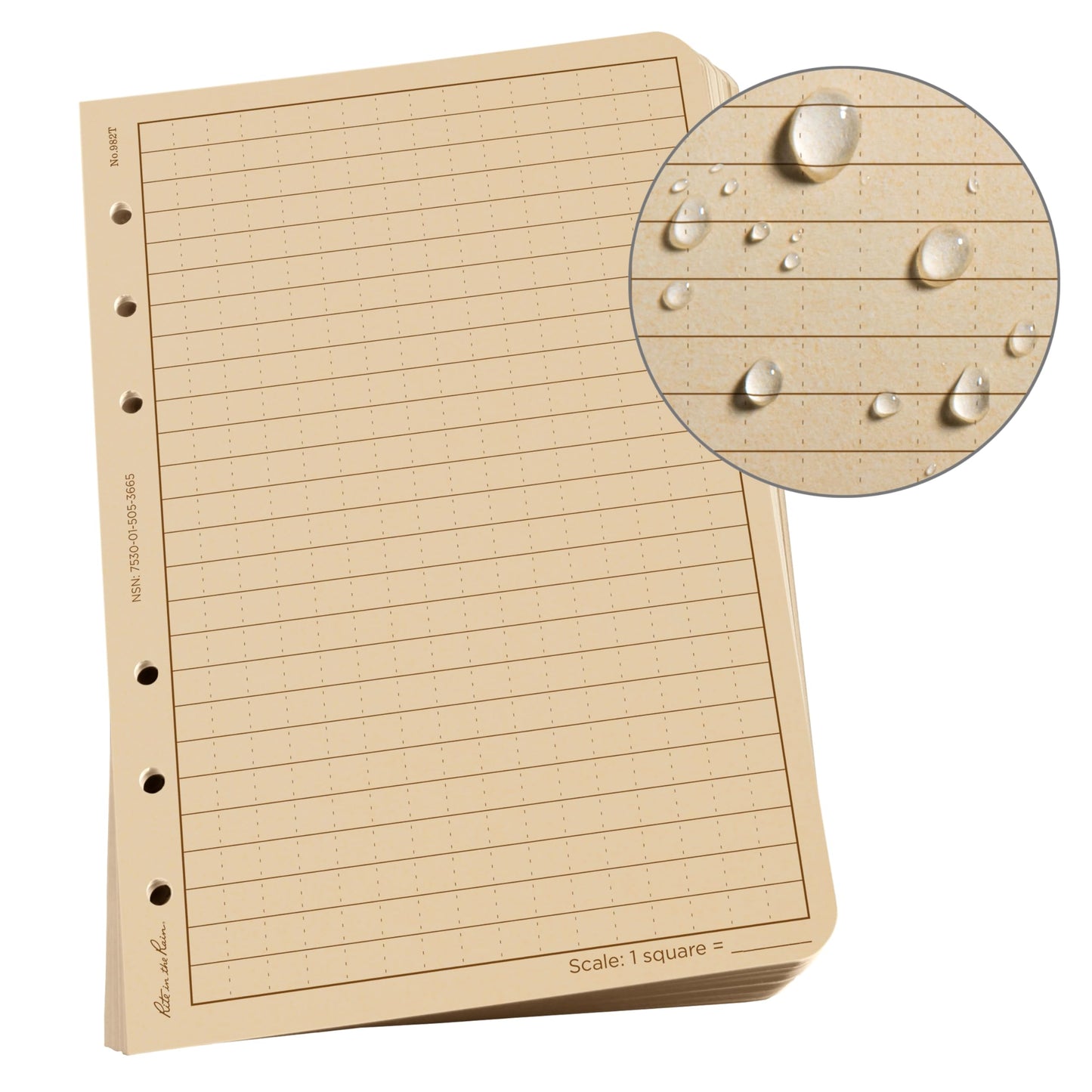 Rite in the Rain Weatherproof Loose Leaf Paper, 4.625" x 7", 32# Tan, Universal Pattern, 100 Sheet Pack (No. 982T)