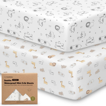 2-Pack Pack and Play Sheets, Waterproof Mini Crib Sheets Fitted - Organic Cotton Pack N Play Sheets for Graco Pack and Play Mattress, Playard Baby Crib Sheets, Neutral for Boy,Girl,Toddler (KeaSafari)