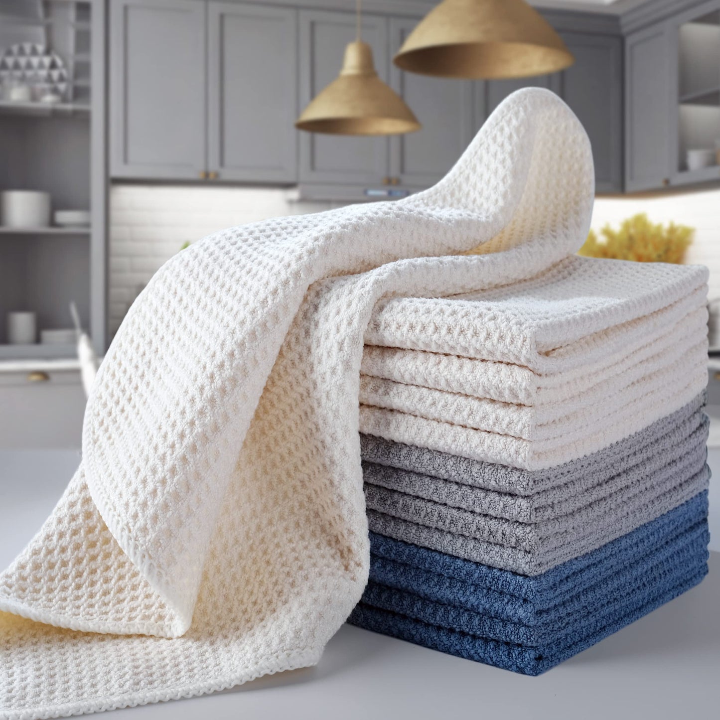 Polyte Premium Microfiber Kitchen Dish Cloth Waffle Weave 12 Pack (12x12 in, Dark Blue, Gray, Off White)