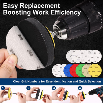130 Pieces 3 Inch Sanding Disc, GOH DODD Headlight Restoration Kit Hook and Loop Sanding Pads 60 to 10000 Grit Wet Dry Sandpaper with 1/8" 1/4” Shank, Backer Plate, Polishing Pads and Interface Pad