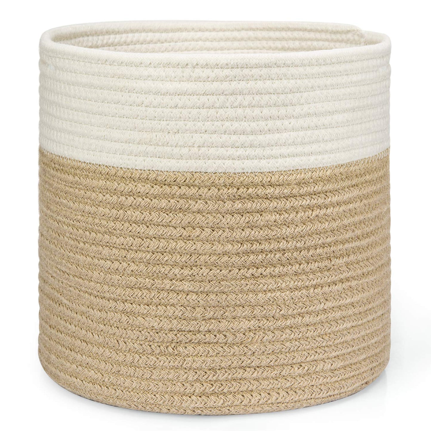 Dahey Jute Spliced Cotton Rope Plant Basket Modern Woven Storage Basket for 10" Floor Indoor Planter, Decorative Flower Pots Cover Laundry Bin with Handle Rustic Home Decor, White and Beige