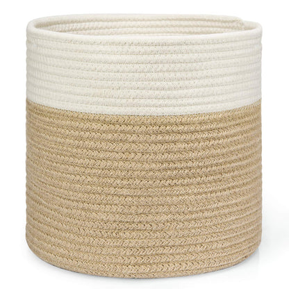 Dahey Jute Spliced Cotton Rope Plant Basket Modern Woven Storage Basket for 10" Floor Indoor Planter, Decorative Flower Pots Cover Laundry Bin with Handle Rustic Home Decor, White and Beige
