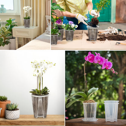 5 Pack Clear Plastic Orchid Pots with Holes and Saucers for Plants,5.5 x 6.5 in Thickened Transparent Pot,Breathable Slotted Orchids Planter Hard Flower Pots Nursery Pots, Houseplant