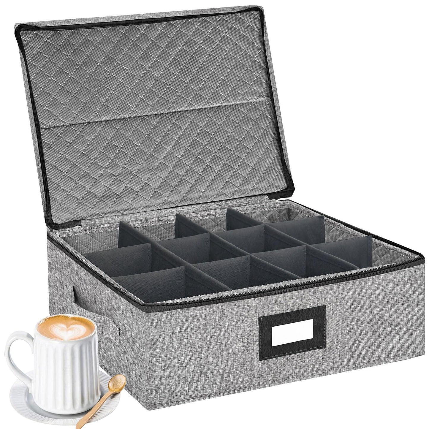 Coffee Mug Storage Box with Dividers, Durable China Storage Containers for Coffee Mugs, Tea Cups Storage Organizer with Lid, Handles, Label Window, Holds 12 Mugs, Hard Shell and Stackable