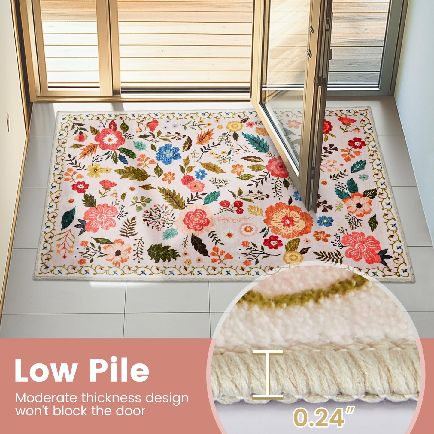 Runner Rugs for Hallway 2x6 Ft, Ultra Thin Non-Slip Long Floral Carpet Washable, Area Rug for Living Room Bedside Entryway Hall Bedroom Stain Resistant Boho Low-Pile Indoor(Beige with Pink)