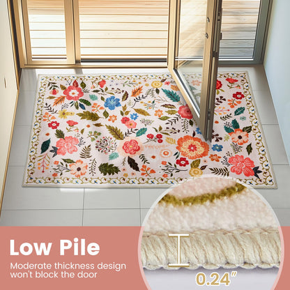 Runner Rugs for Hallway 2x6 Ft, Ultra Thin Non-Slip Long Floral Carpet Washable, Area Rug for Living Room Bedside Entryway Hall Bedroom Stain Resistant Boho Low-Pile Indoor(Beige with Pink)