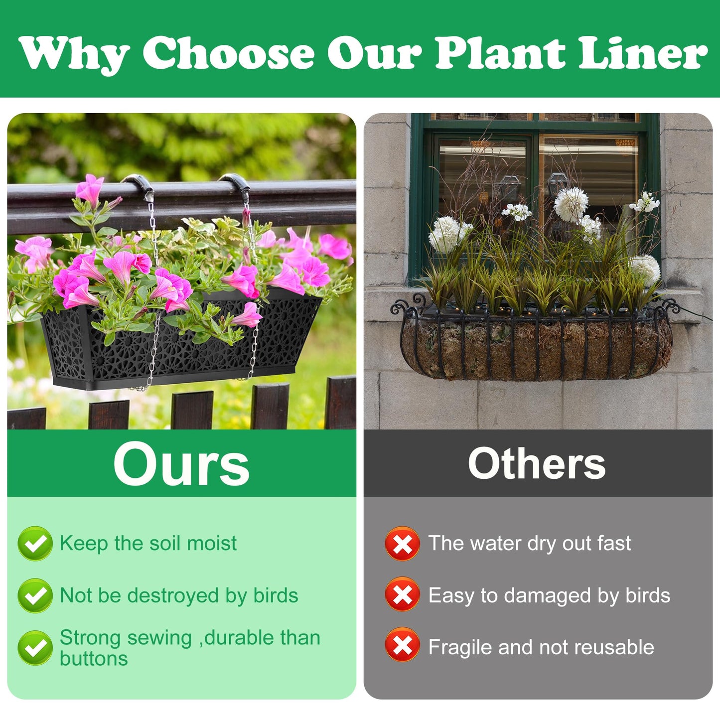 Adnee 4 Pcs 24 Inch Fabric Plant Window Box Liners-Rectangular Non-Woven Planter Basket Liner-Black Felt Flower Hanging Basket for Outdoor Garden Wall Hanging Planter Flower Vegetables