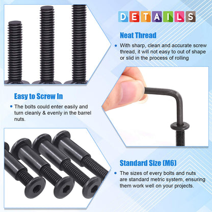 Glarks 141Pcs M6x16/ 20/25/ 30/35/ 40/45/ 50/55/ 60/65/ 70/75/ 80mm Black Hex Drive Socket Cap Bolts Kit, Countsunk Furniture Crib Bolts Nuts Screws for Chair Table Cabinets