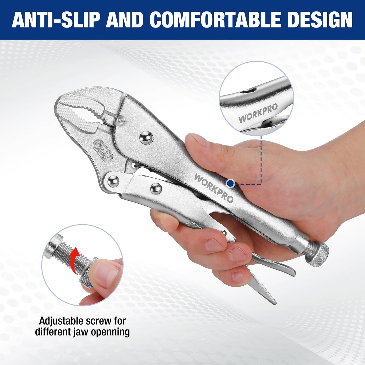 WORKPRO 5-Piece Locking Pliers Set, Pliers Tool Set, Vice Grips with Chrome-Vanadium Steel, 5/7/10 inch Curved Jaw Pliers, 6.5/9 inch Long Nose Pliers