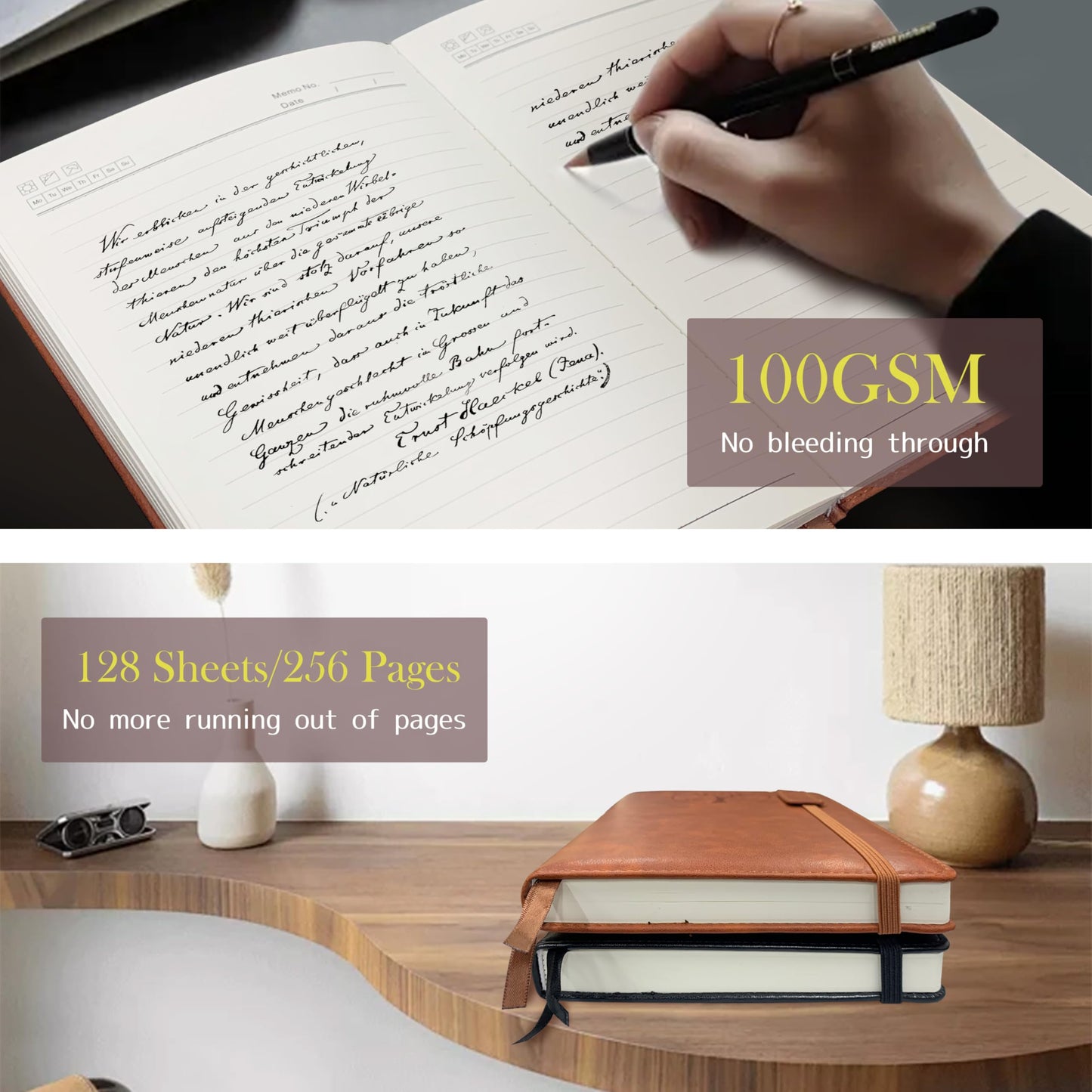 256 Pages Journal Notebook [2 Pack], A5 Leather Notebooks for Work, School, 100GSM College Ruled Journals Lined Pages, VALIDASS Meeting Laboratory Notebook for Women,Men(Black_Brown)