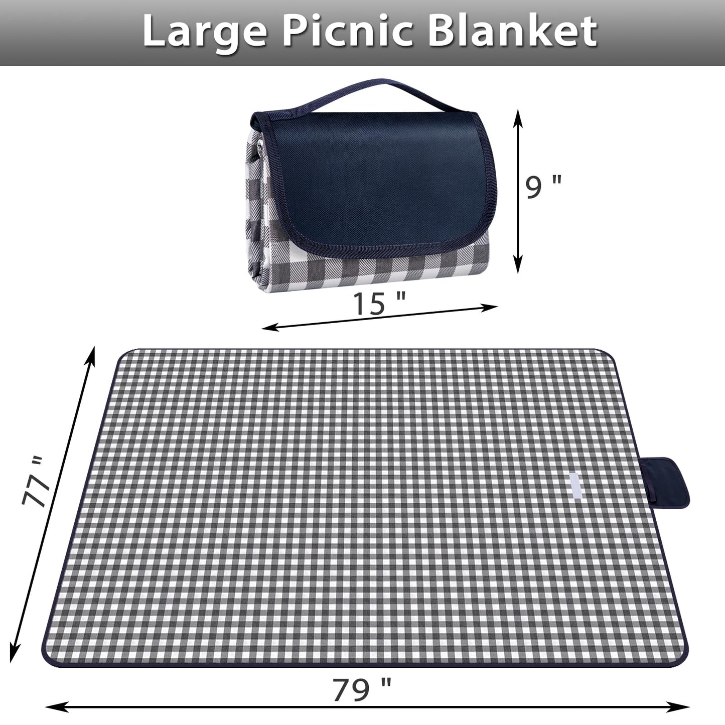 BARTHKIT Extra Large Outdoor Picnic Blanket, 79"x79" Waterproof Sandproof Beach Blanket, Portable Camping Blanket Lightweight for Camping Beach Park Courtyard, Black & White Grid