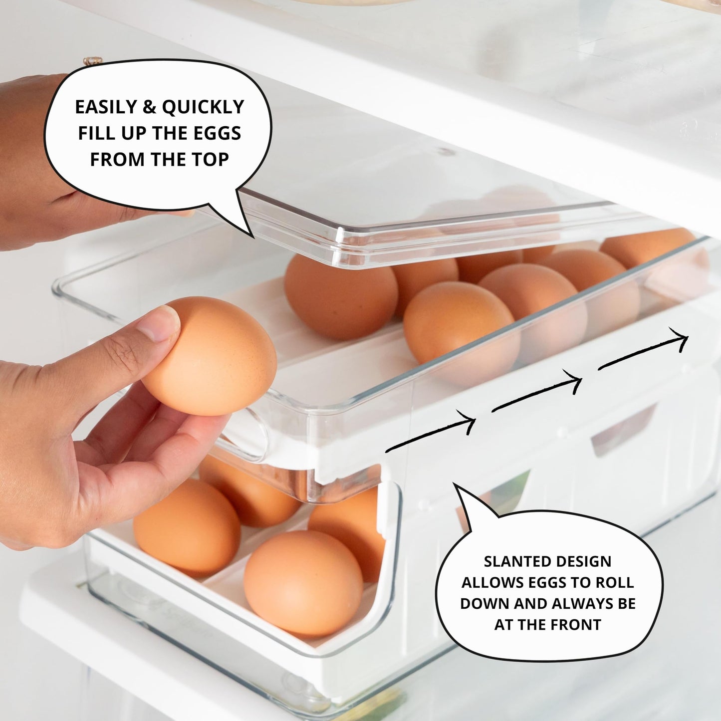 Rolling Egg Holder, Fridge Fresh 24 Egg Organizer with Lid for Refrigerator, Clear Egg Container Tray Stackable Dispenser and Egg Holder for Fridge, Egg Dispenser fridge Rolling With Egg Timer