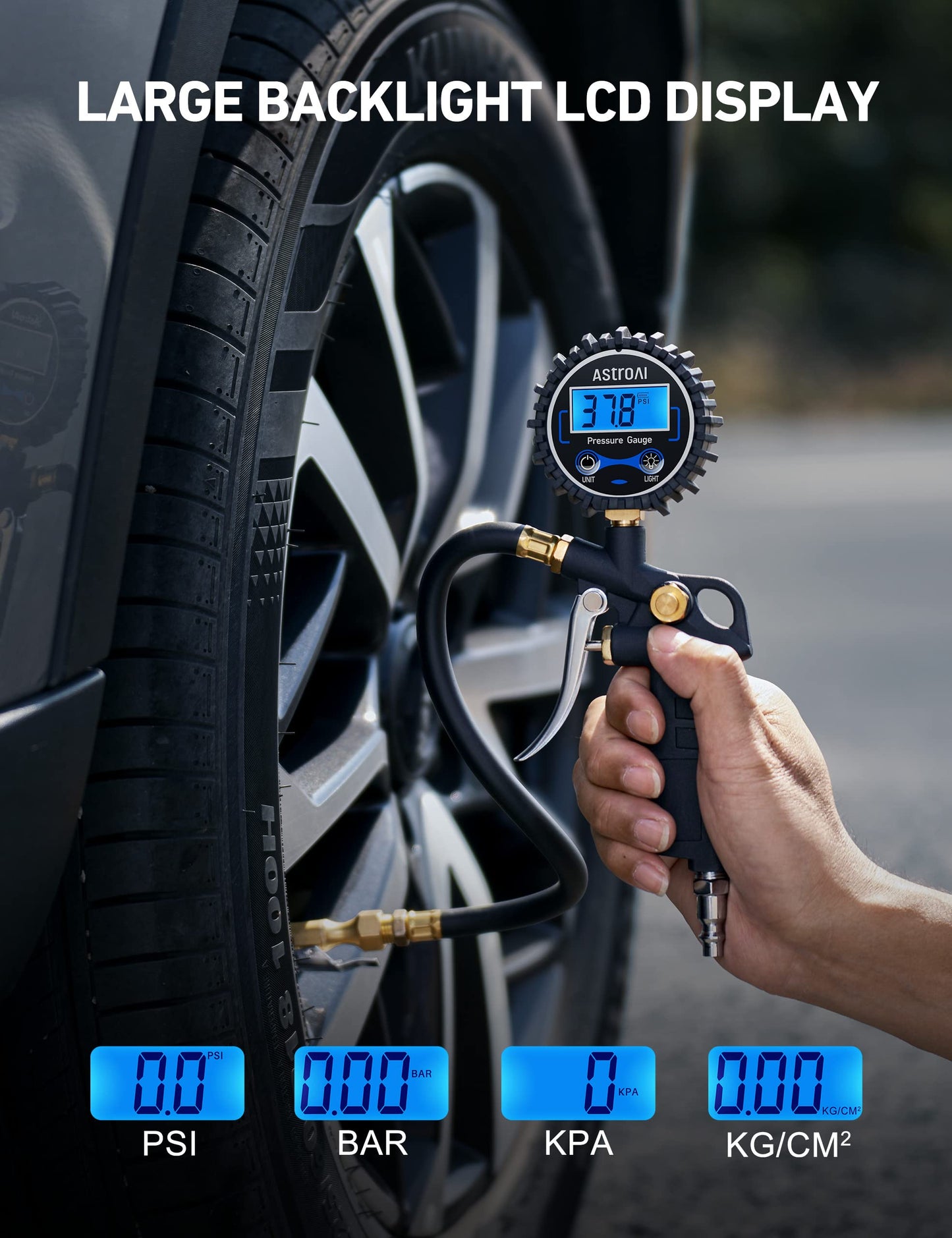 AstroAI Digital Tire Inflator with Pressure Gauge 3-250 PSI, Industrial Tire Pressure Gauge, Heavy Duty Air Compressor Accessories with Air Chuck for Car, SUV, Truck, Motorcycle, Standard 250PSI