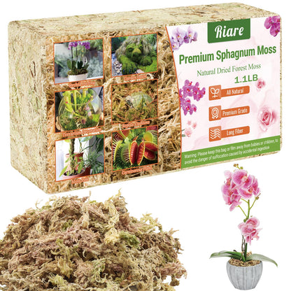 Riare 1.1 LBS Premium Sphagnum Moss- Natural Long Fibered Sphagnum Peat Moss Plants Moss Dried, Carnivorous Plants Moss Orchid Potting Mix for Orchids, Succulent, Reptiles (20QT)