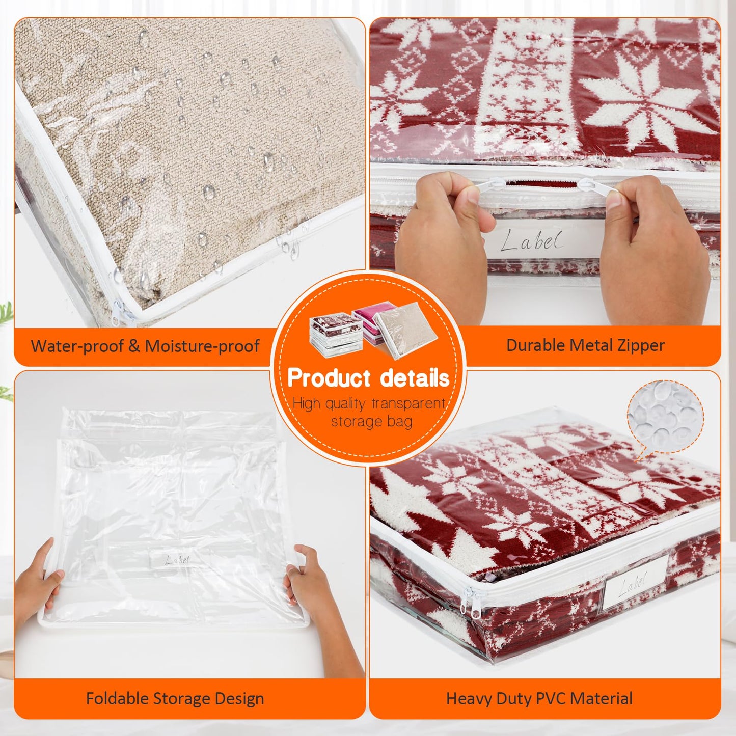 Clear Zippered Storage Bags Plastic Sweater Storage Bags with Zipper 6 Packs Clothing Organizer for Blankets Linen Sweater Bed Sheet Quilt Clothes Pillow (White, 15.7 x 13.8 x 3.9 Inch)