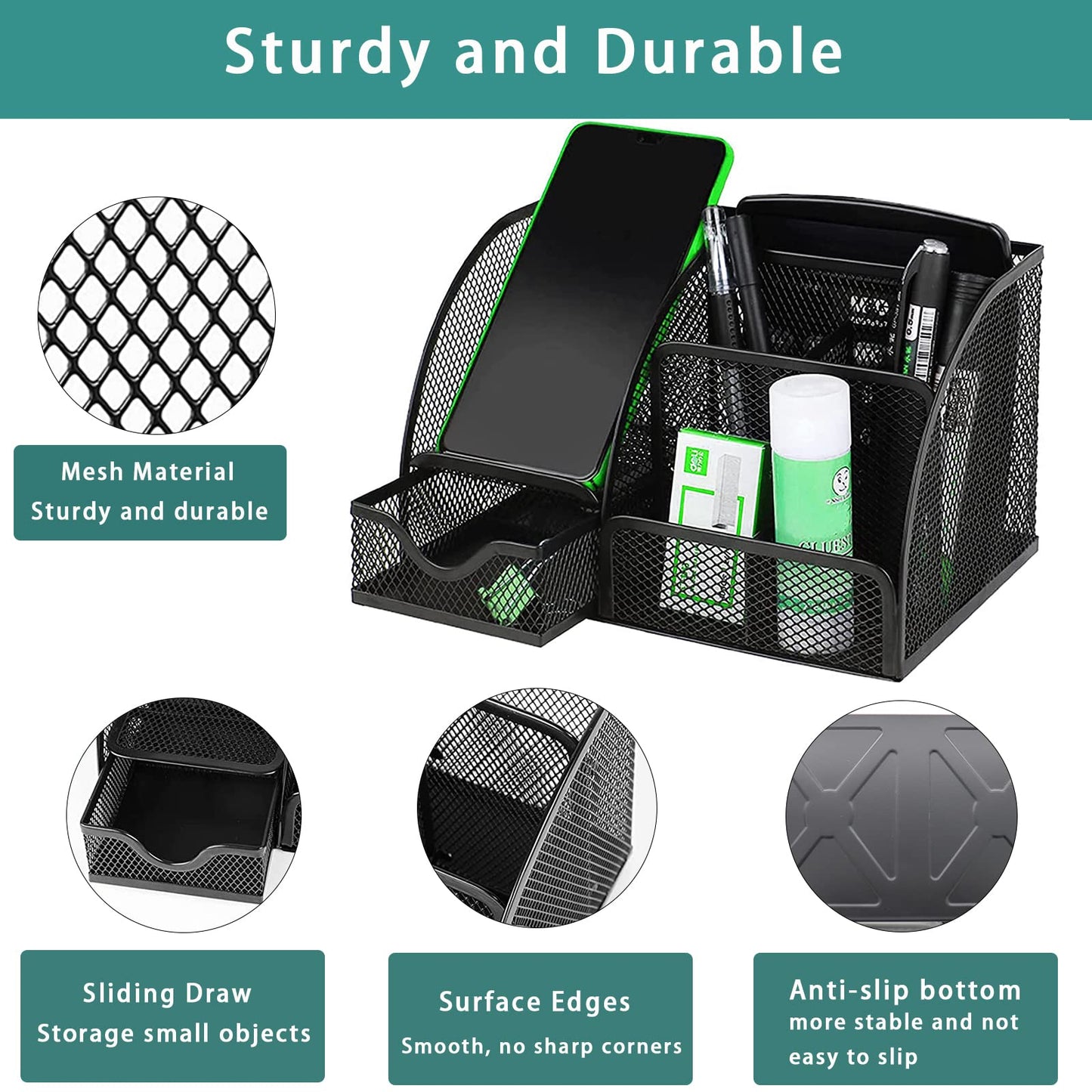 PYJLBX Desk Organizer, Pen Holder Desk Accessories, Metal Mesh Desk Organizers and Storage, Pencil Holder Desk Organizers Office Supplies Caddy Desk Storage with Draw for Home, Office, School (Black)