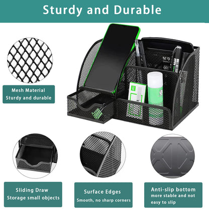PYJLBX Desk Organizer, Pen Holder Desk Accessories, Metal Mesh Desk Organizers and Storage, Pencil Holder Desk Organizers Office Supplies Caddy Desk Storage with Draw for Home, Office, School (Black)