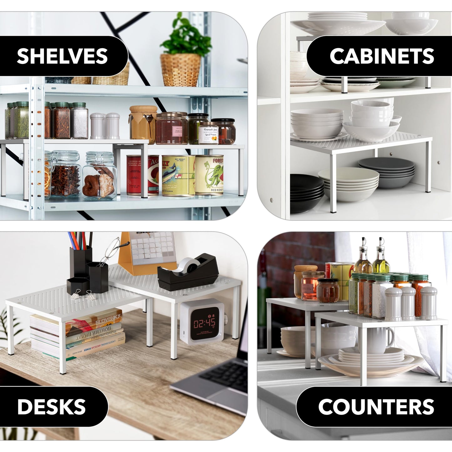 Simple Houseware Expandable and Stackable Kitchen Cupboard Metal Organizer for Mug Shelf, Spice Rack, and Pantry Storage, Set of 2, White