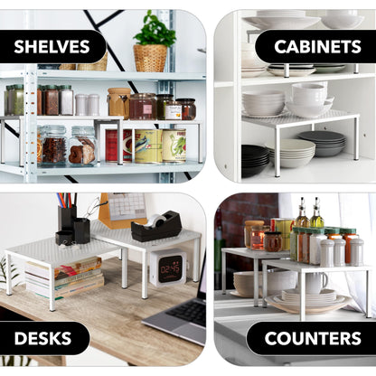 Simple Houseware Expandable and Stackable Kitchen Cupboard Metal Organizer for Mug Shelf, Spice Rack, and Pantry Storage, Set of 2, White