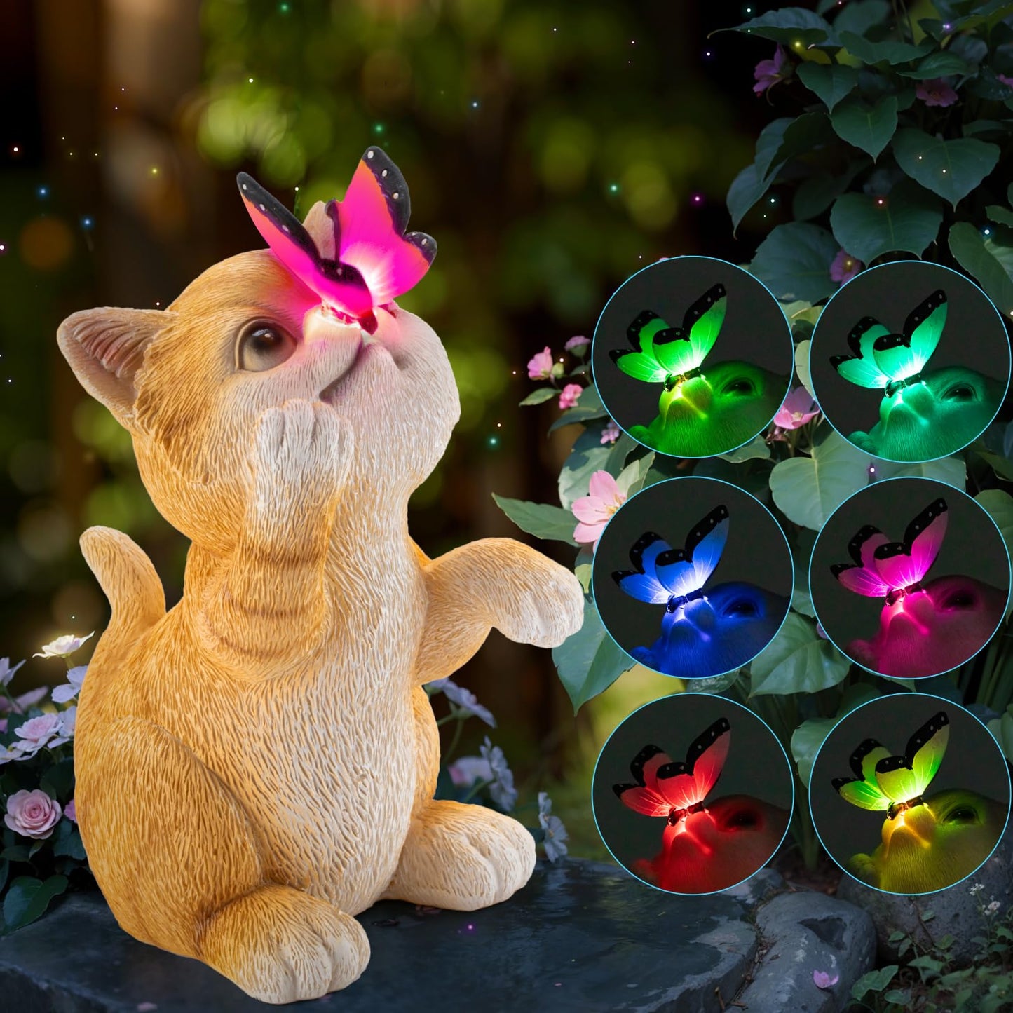 Solar Garden Cat Statue,Resin Outdoor Cat Decor with Solar Butterfly Changing Light for Yard Lawn Patio Home,Unique Gift for Mom Women Grandma