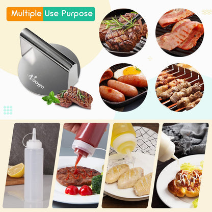 VOOWO Smash Burger Press - Stainless Steel Burger Smasher for Griddle with Squeeze Bottles, Hamburger Smasher Meat Press, Round Burger Patty Maker, Grill Press BBQ Tools Accessories Gift for Men