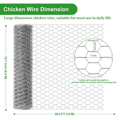 16inx40ft Chicken Wire with 100 Zip Ties, Galvanized Hexagonal Metal Mesh Wire Fencing to Protect Gardening Plants, Vegetables, Flowers, Fruits from Dogs, Rabbits Squirrels