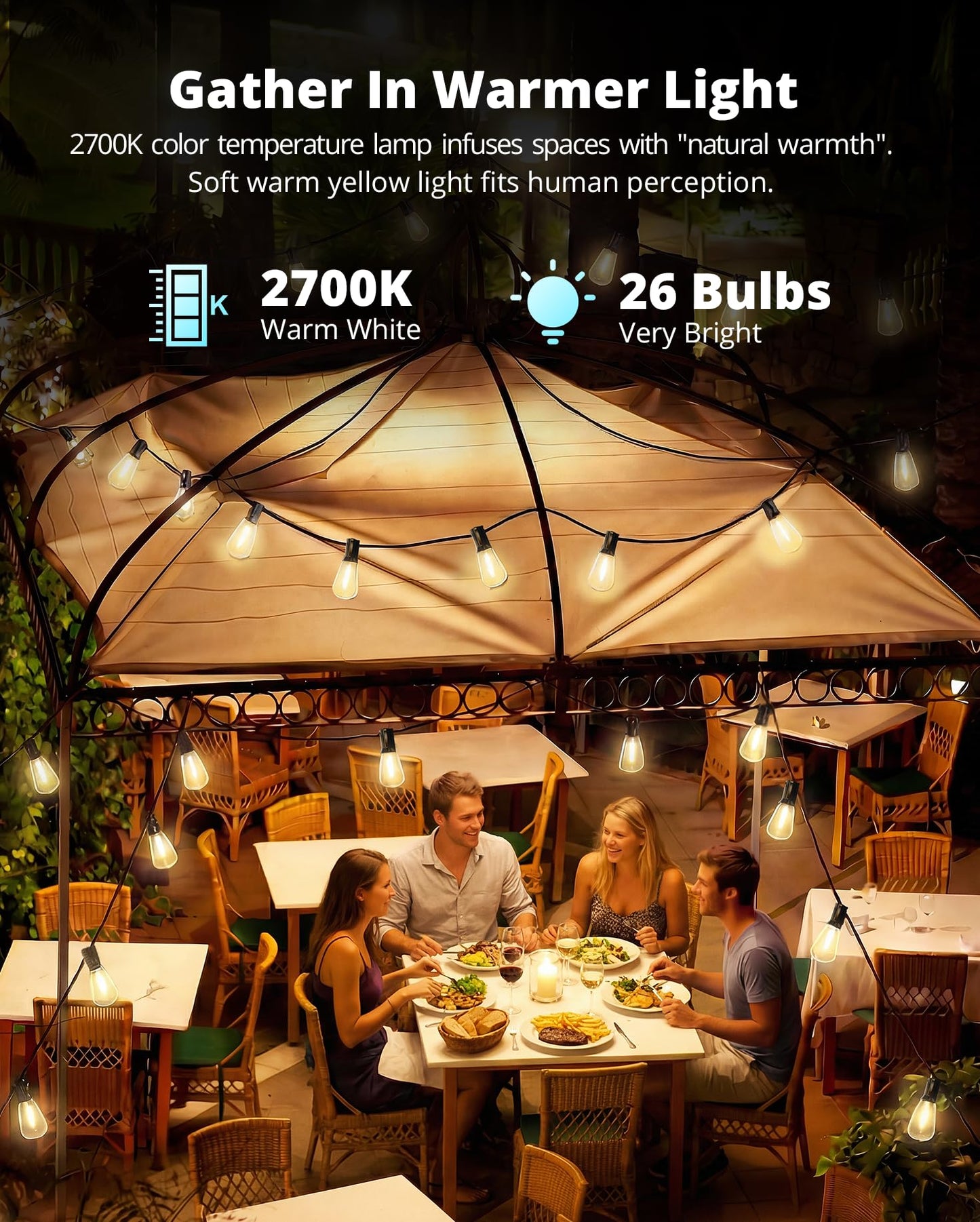 VIPAR Outdoor String Lights 60FT LED Patio Lights Waterproof with 28 Shatterproof ST38 Edison Bulbs Outside Hanging Light Dimmable Connectable for Porch, Deck, Garden, Backyard, Balcony, Decor, 2700K