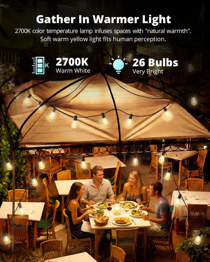 VIPAR Outdoor String Lights 60FT LED Patio Lights Waterproof with 28 Shatterproof ST38 Edison Bulbs Outside Hanging Light Dimmable Connectable for Porch, Deck, Garden, Backyard, Balcony, Decor, 2700K