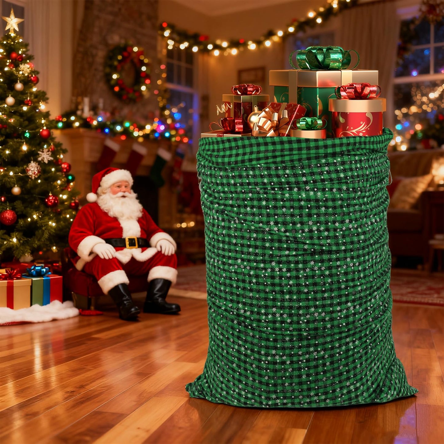 2PCS 47"×32" Jumbo Christmas Drawstring Gift Bags Extra Large Cotton Christmas Buffalo Plaid Drawstring Gift Bags Santa Sack with Drawstring for Xmas Huge Gifts Giving and Christmas Party Decor