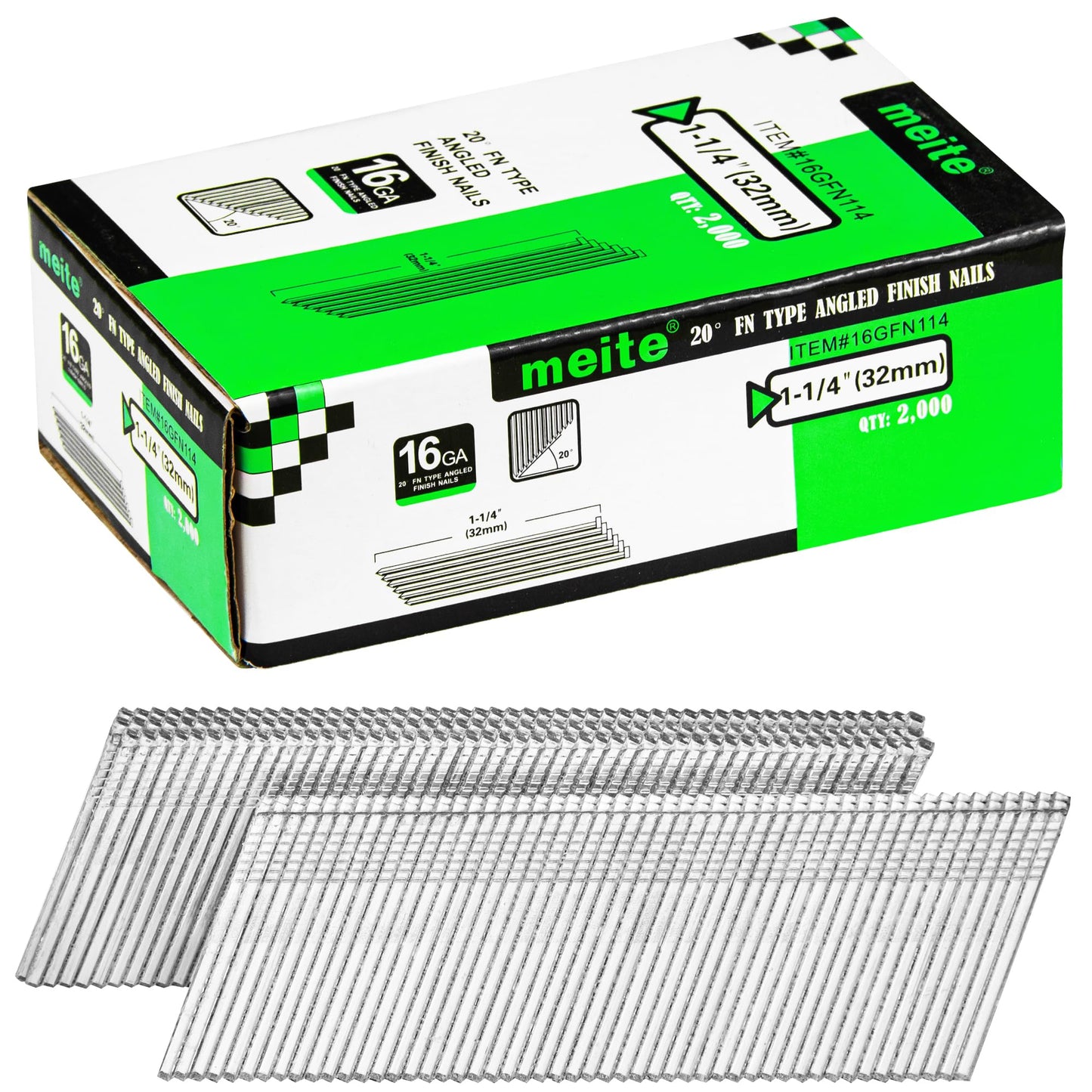 meite 16 Gauge Angled Finish Nails 1-1/4-Inch 32MM 20-Degree Galvanized Finishing Nails for Electric/Pneumatic Nailer Guns - Perfect for Window Trim, Cabinet Building and DIY Projects (2,000 PCS)