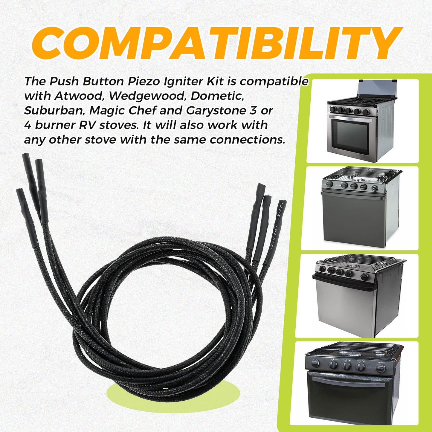 3Pcs Push Button Piezo Ignitor Sparker Cables Replacement Part for RV Stove Range, Compatible with Atwood, Wedgewood, Dometic, Suburban, Magic Chef, Garystone 3 or 4 Burner RV Stoves