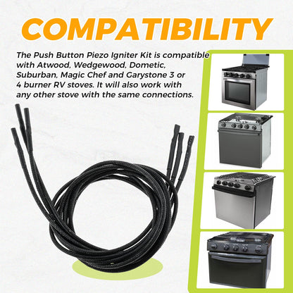 3Pcs Push Button Piezo Ignitor Sparker Cables Replacement Part for RV Stove Range, Compatible with Atwood, Wedgewood, Dometic, Suburban, Magic Chef, Garystone 3 or 4 Burner RV Stoves