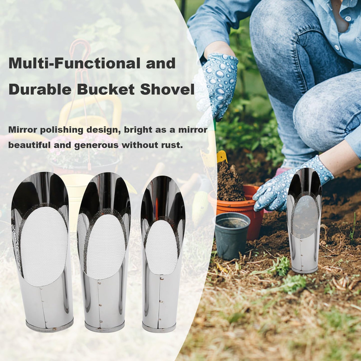 Saihisday 3Pcs Bonsai Soil Scoops Garden Shovels Garden Tool Bucket Shovel 3 Sizes Soil Scoops Soil Metal Spade Shovel Succulent Planting Potting Cup for Home Gardening Silver