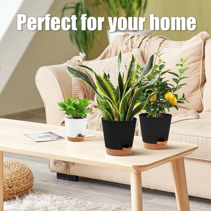 6 Pack Plant Pots Indoor 8/7/6.5/6/5.5/5 Inch Flower Pots Self Watering Planters for Indoor Plants with Drainage Hole Plastic Plant Pot for African Violet Cactus Flowers Succulents(Black)