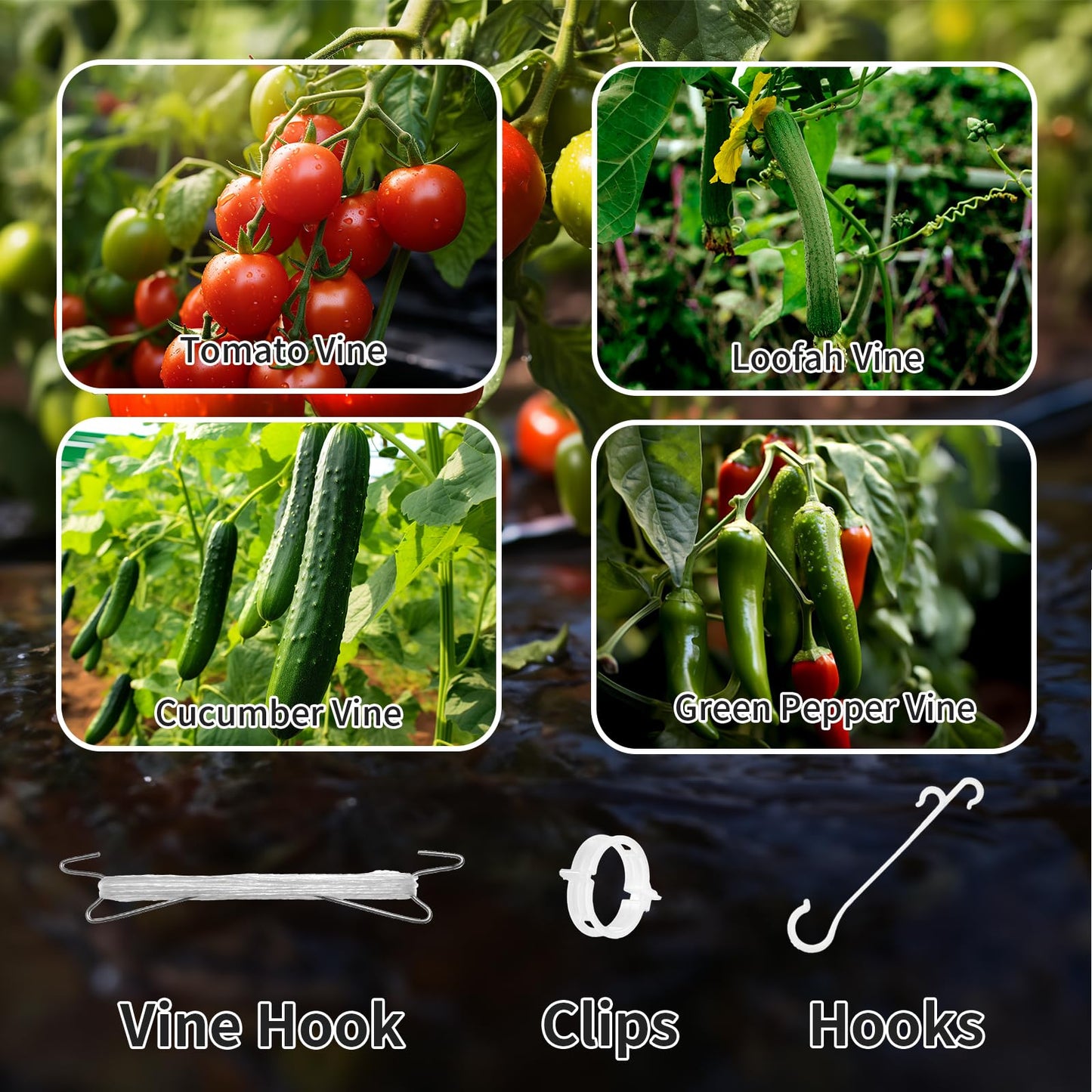 30pcs Tomato Hooks with String, 60pcs Tomato Plant Support Clips, 100 Pcs J-Hook, Tomato Holder Hooks with 33.3ft Tomato Twine for Climbing Plants Tomato Cucumber Cherry Vegetable