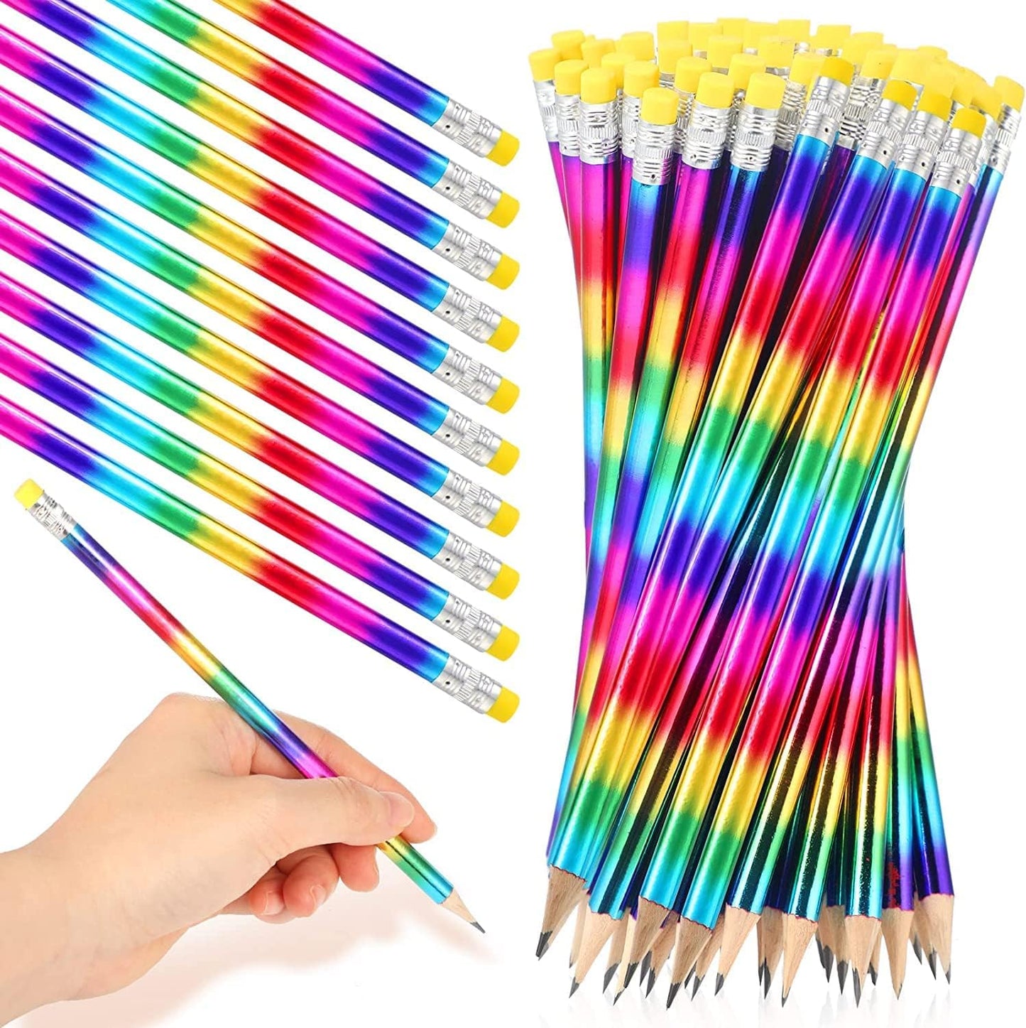 96 Pieces Rainbow Color Pencils Colorful Wood Pencils Rainbow Pencils Bright Tie Dye Round Pencils with Eraser Top Pencil Fun Pencil for Home Office School Classroom Rainbow Party Favors